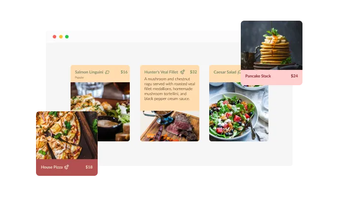 Restaurant Menu Flip Cards - Colorful skins selection for your Wuilt website