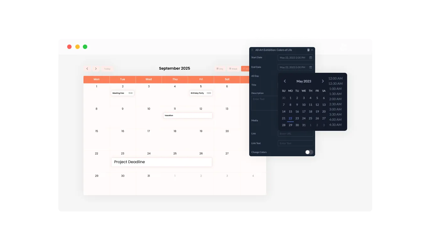 Events Calendar - Flexible Start Date Selection